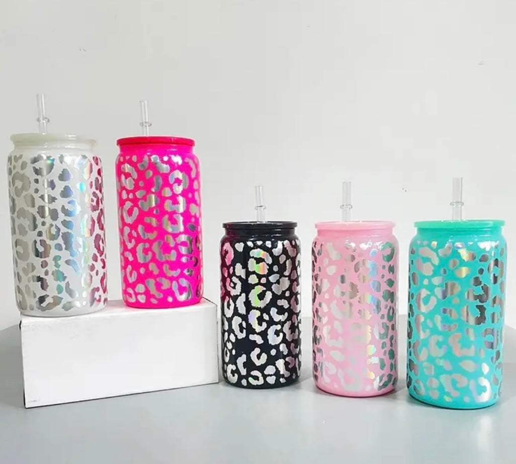 16oz glass engraved leopard print cup - Willow Love Bug Designs