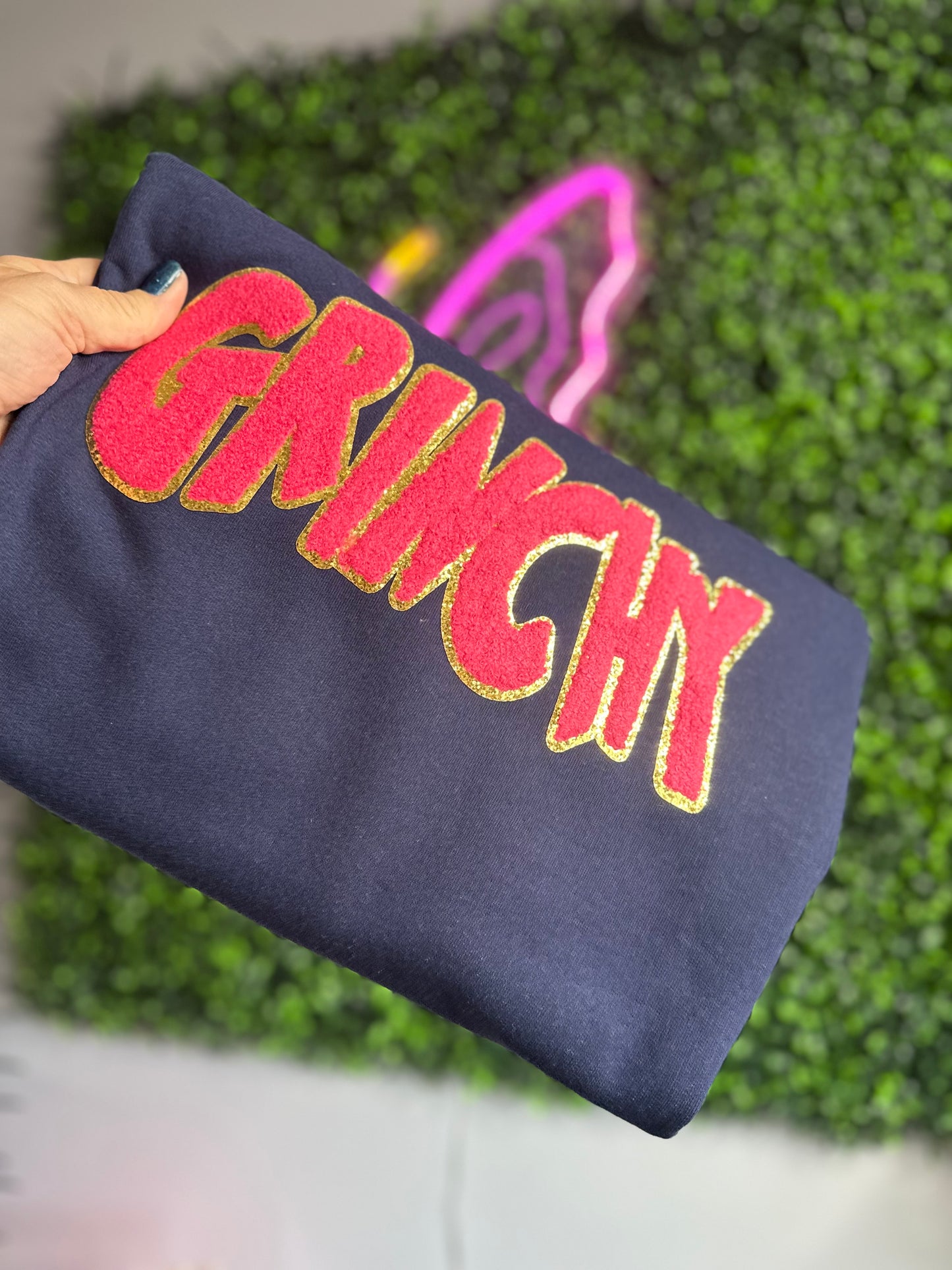 Grinchy Chenille Patch Christmas Sweatshirt RTS