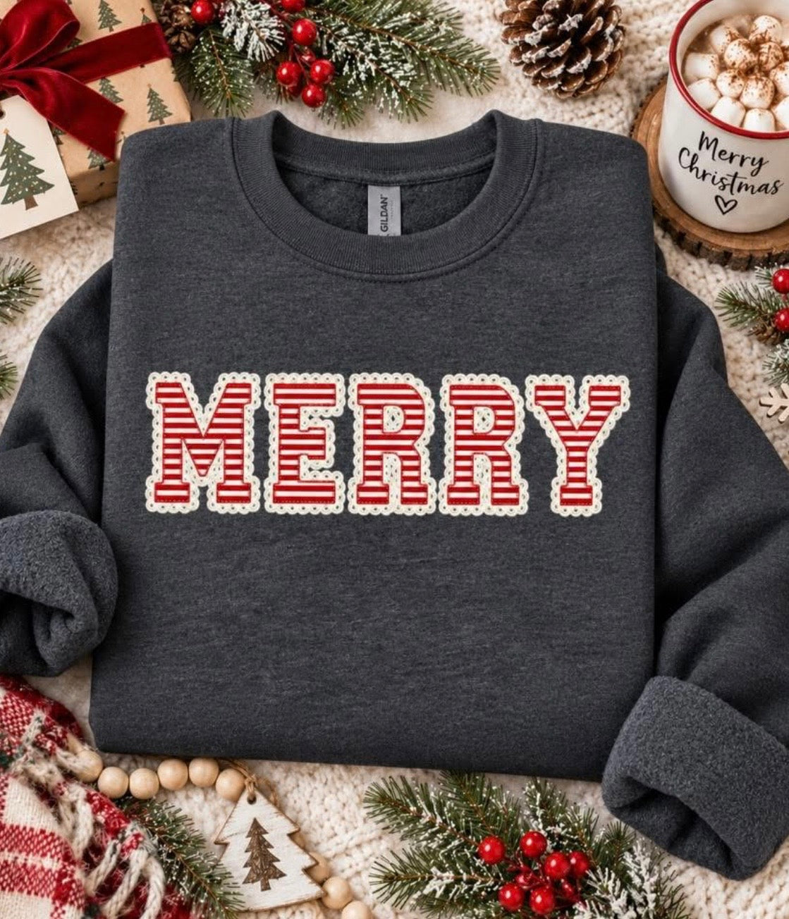 Merry Christmas Candy Cane Stripe Sweatshirt | Gildan Heavy Blend Crewneck 🎄❤