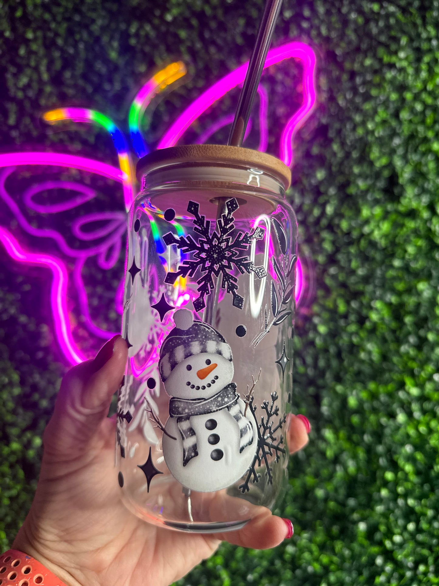 Christmas Winter Snowman 16 oz glass cup with lid & straw