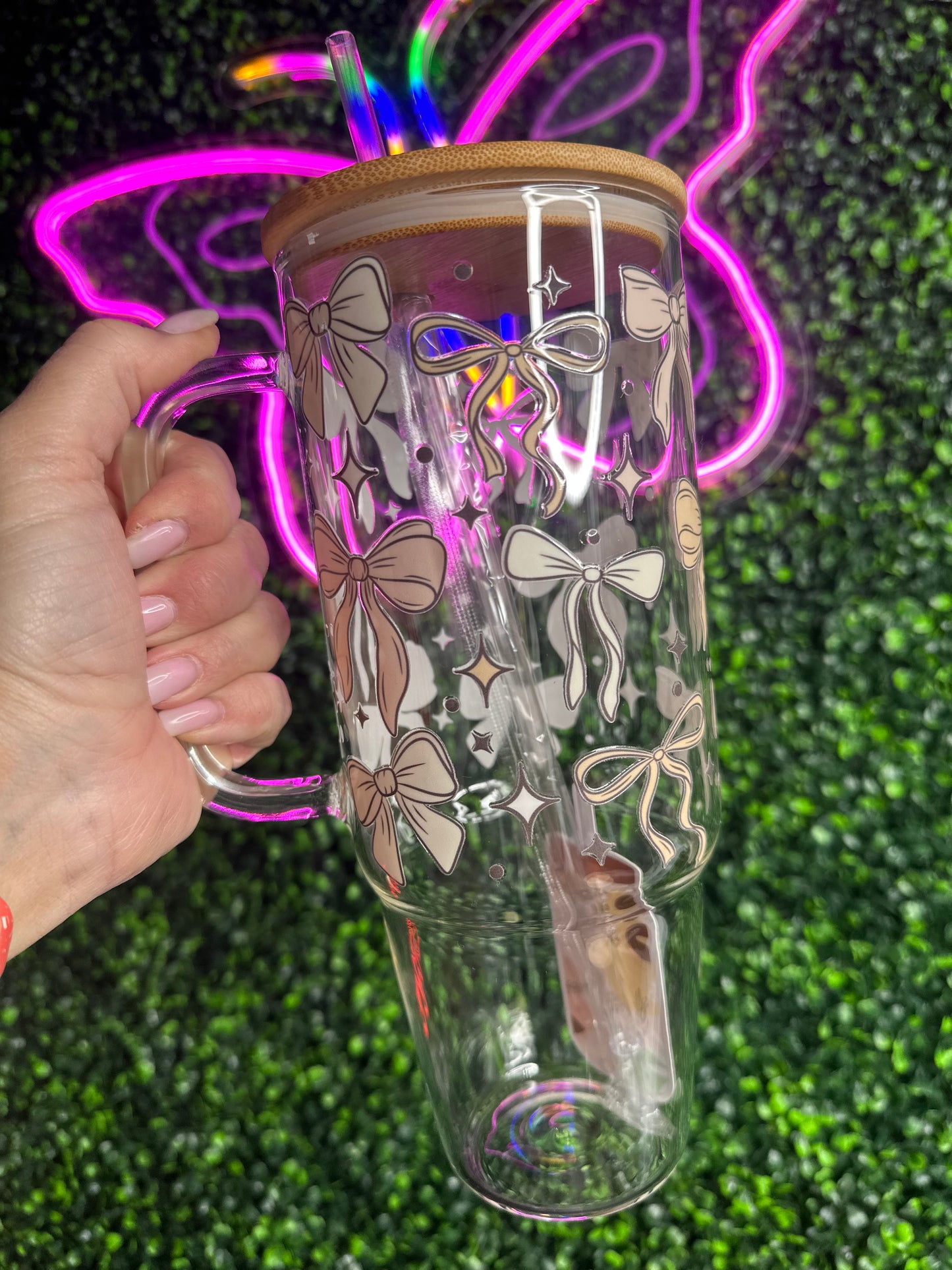 Croquet Bows 40oz glass cup with lid & straw