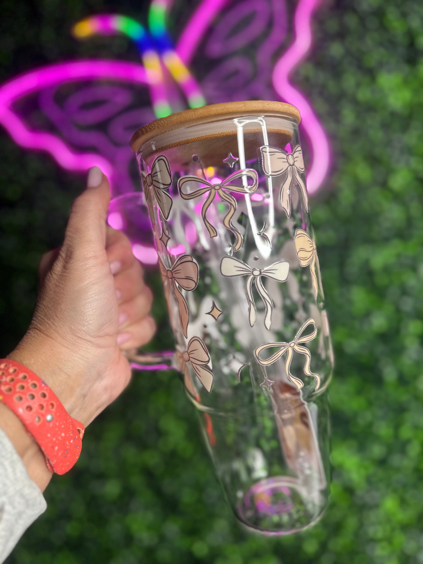 Croquet Bows 40oz glass cup with lid & straw