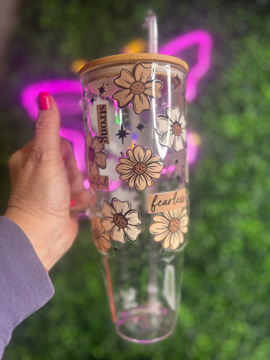 40 oz glass tumbler positive floral cup with lid and straw