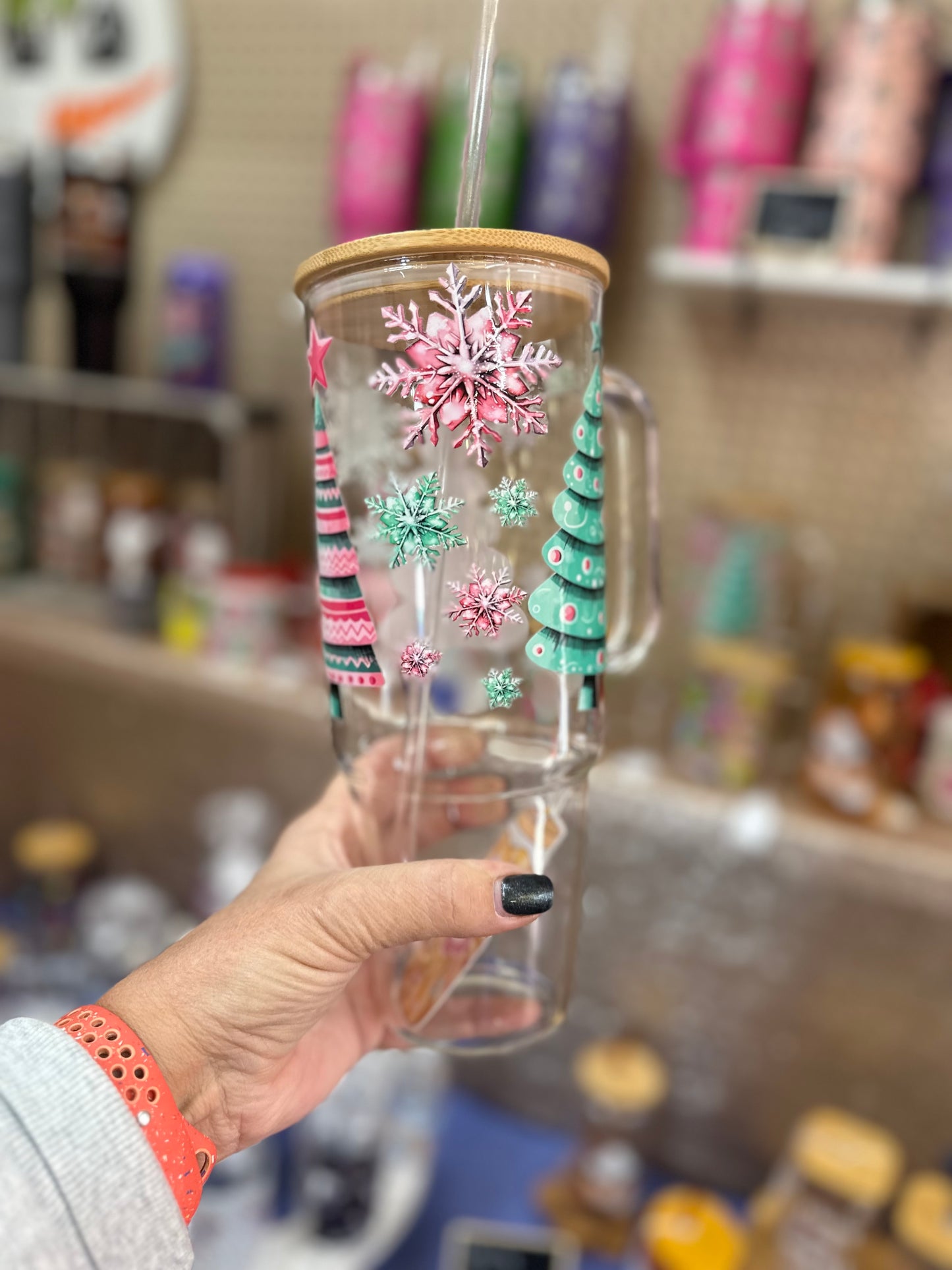 CHRISTMAS Tree 40oz glass cup with bamboo lid and plastic straw