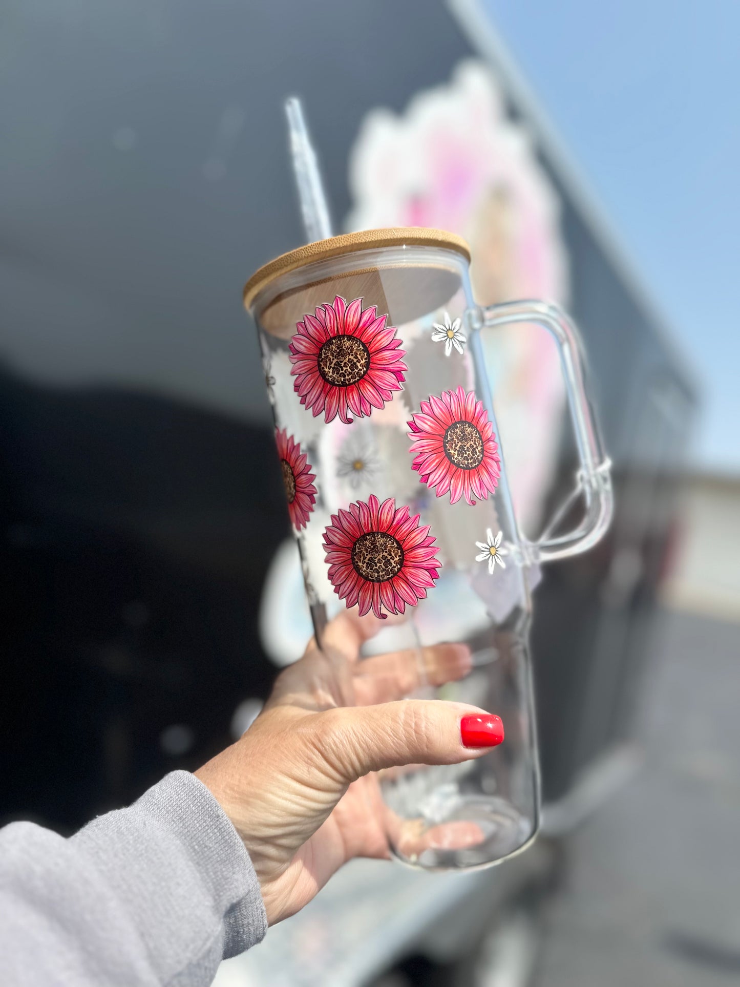 Pink Sunflower 40oz glass cup