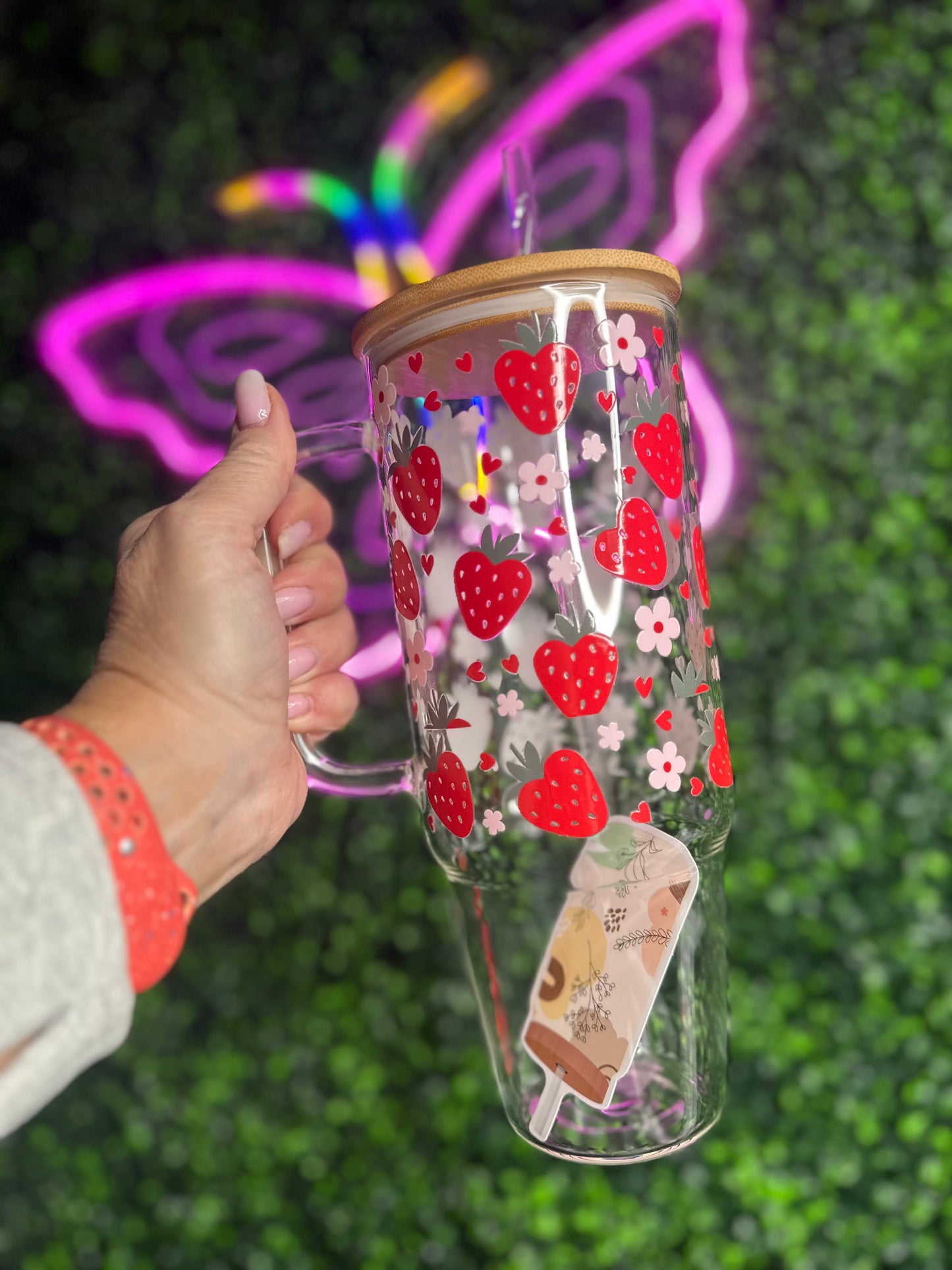 Strawberries 40oz glass cup with lid & straw