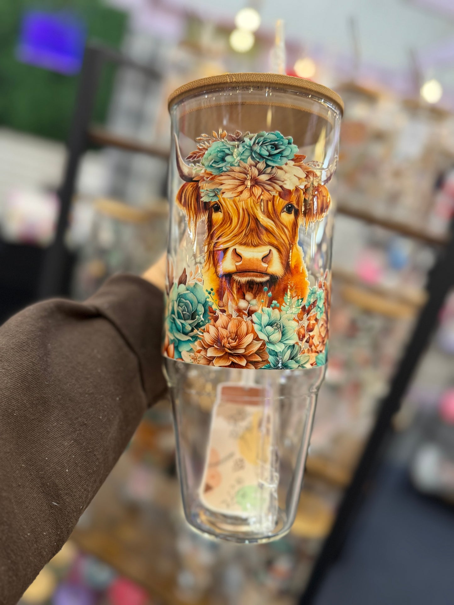Highland Cow floral 40oz glass tumbler