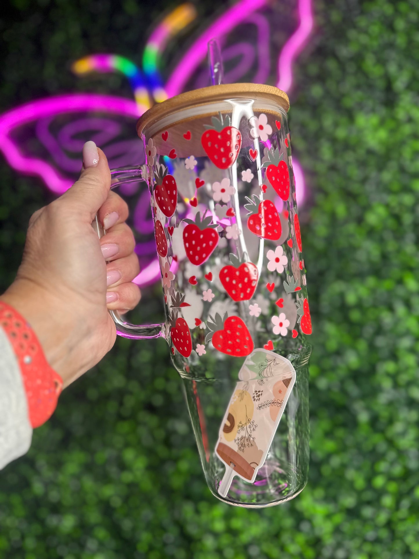 Strawberries 40oz glass cup with lid & straw