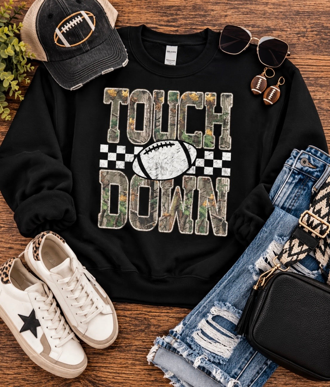Touchdown Camo Football Sweatshirt | Gildan Heavy Blend Black Crewneck 🏈�