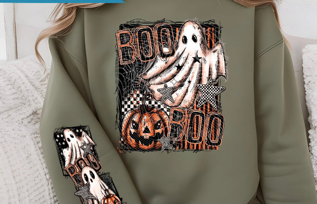 Boo Halloween with design on sleeve crewneck sweatshirt