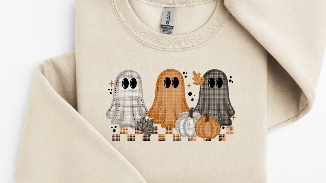 Plaid Halloween Ghost Crewneck Sweatshirt Gildan Sand.