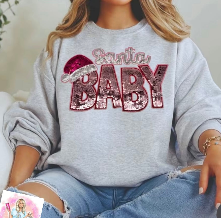 Santa Baby Sequin Patch Sweatshirt - Holiday Patch Pullover for Women