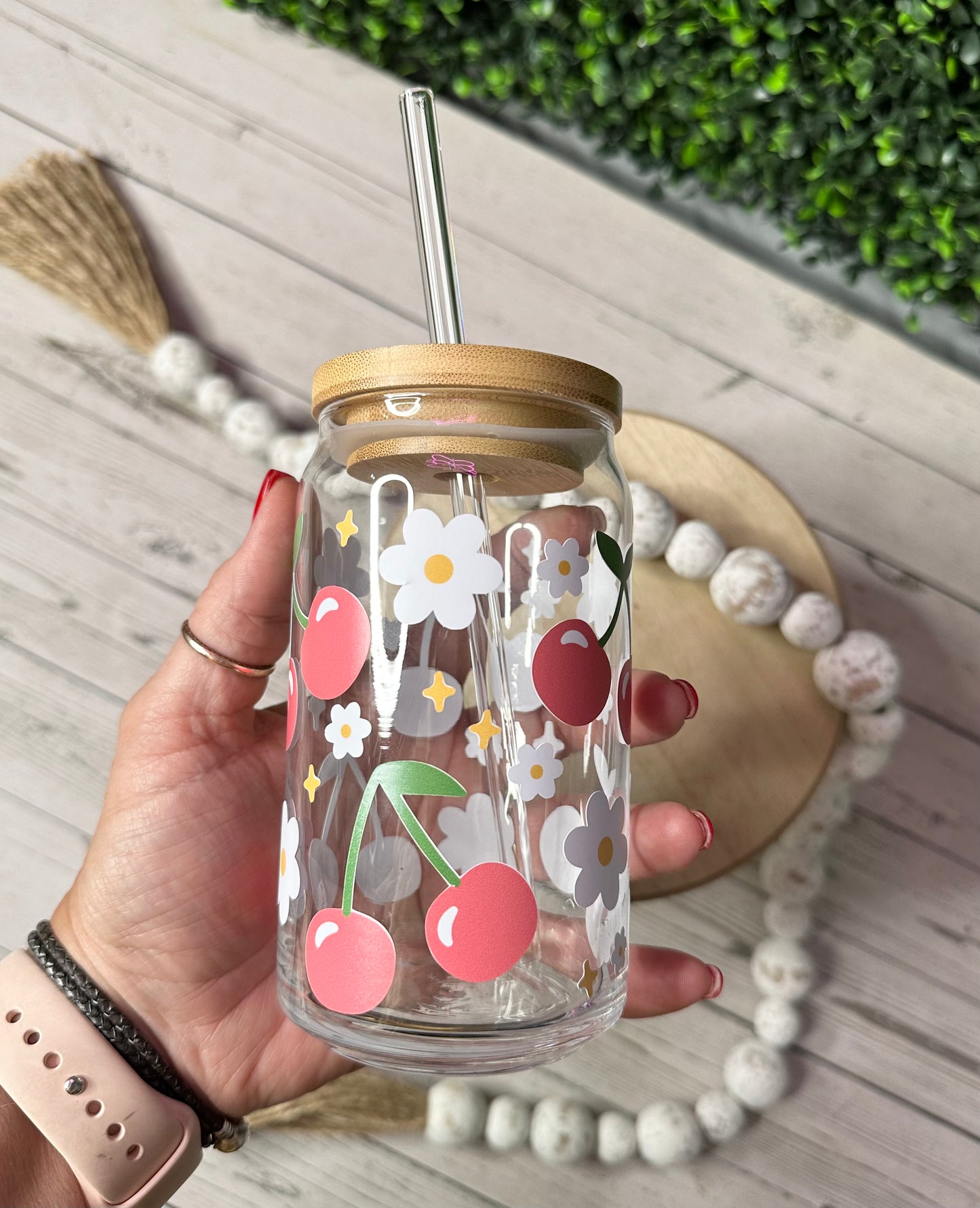 Cherry Floral Libby Glass Cup - Willow Love Bug Designs