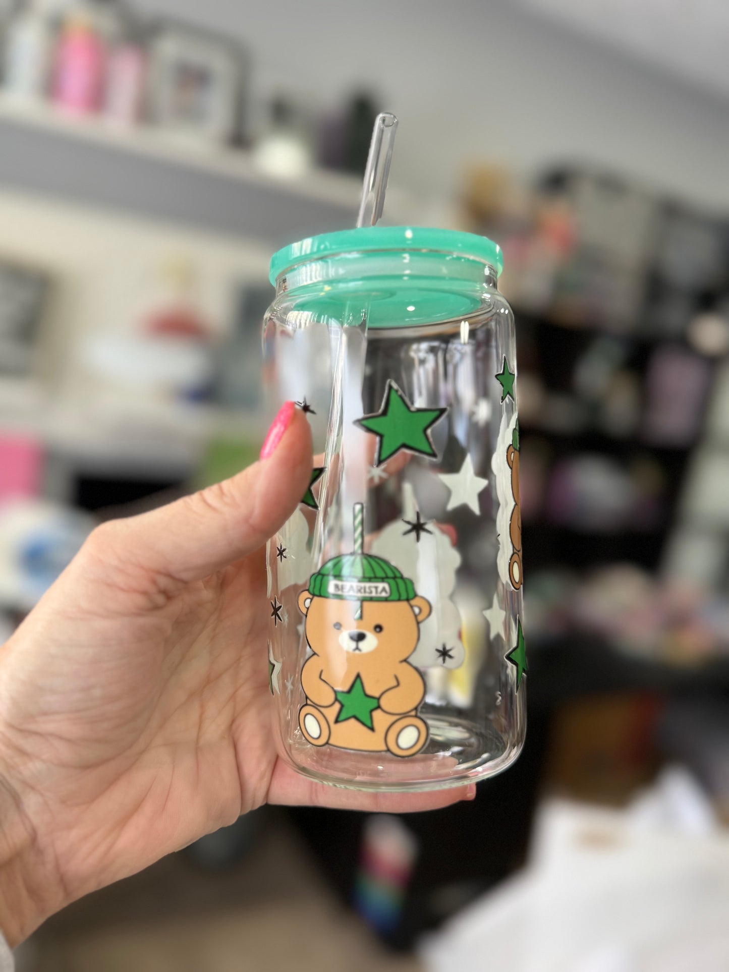 Bearista 16oz glass cup with lid & straw