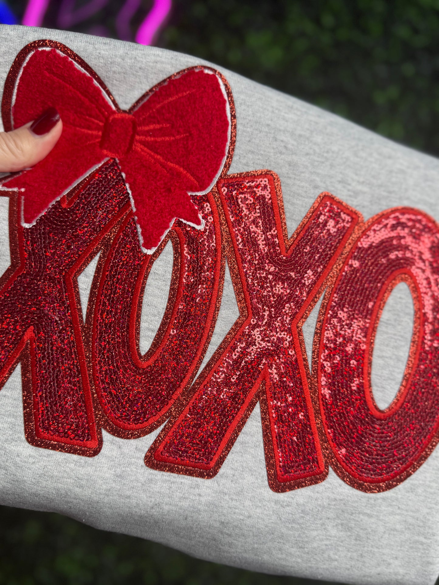 XOXO Bow Sequins patch valentines Day Crewneck Sweatshirt