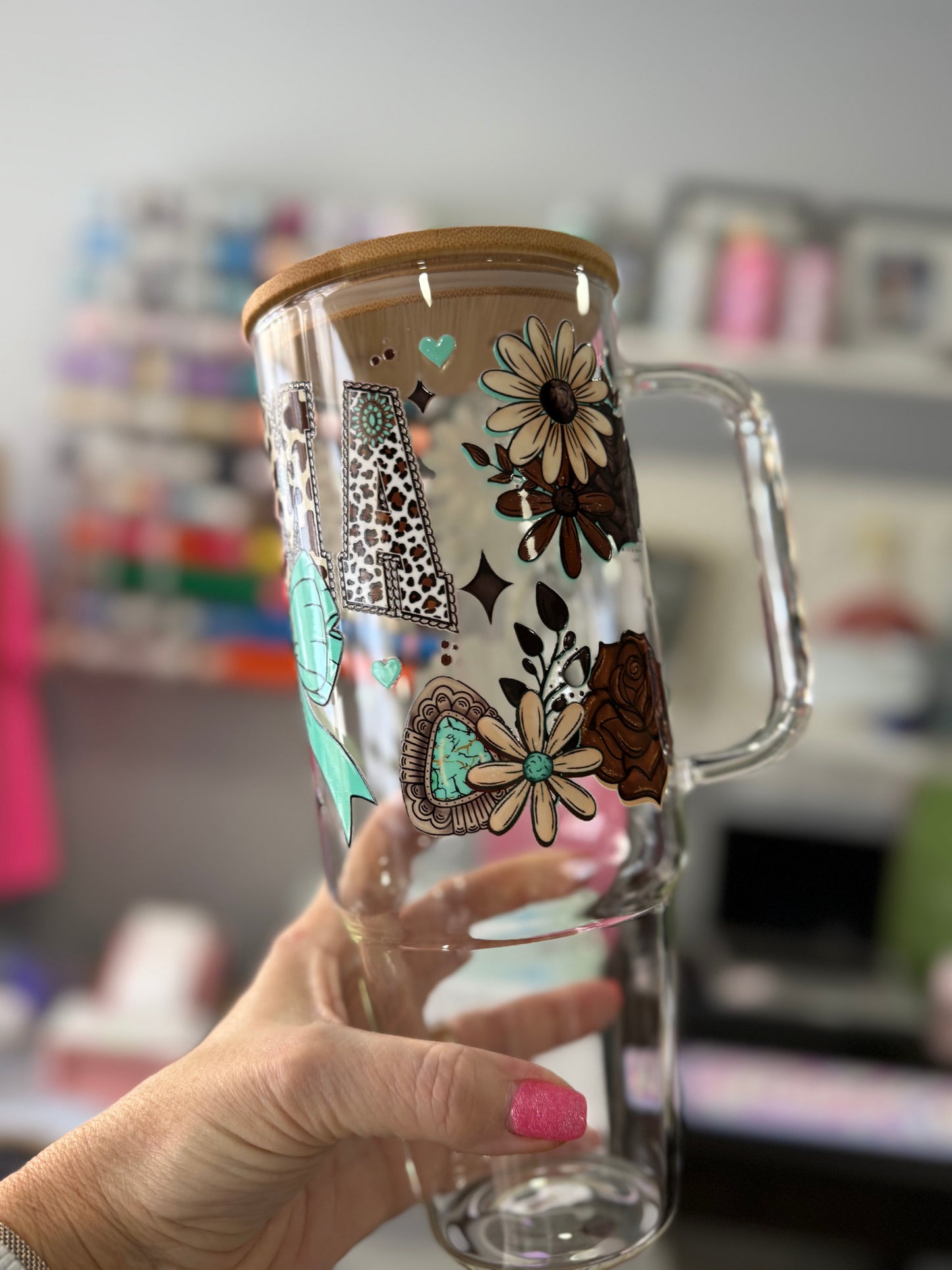40oz glass tumbler with bamboo lid & straw western mama teal