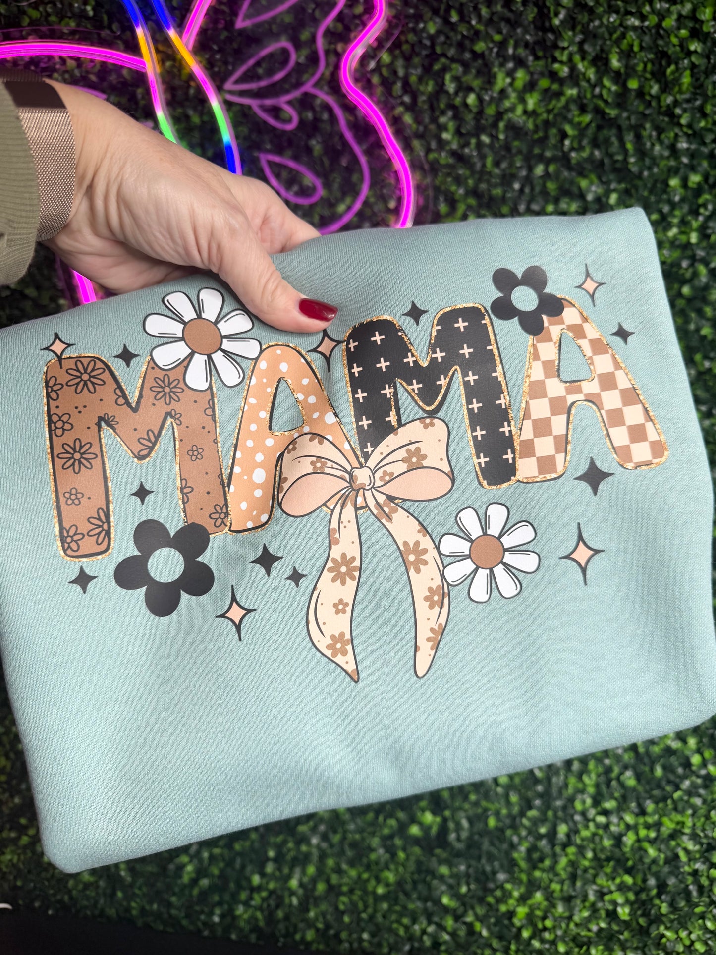 MAMA Floral Croquet Bow Crewneck Sweatshirt