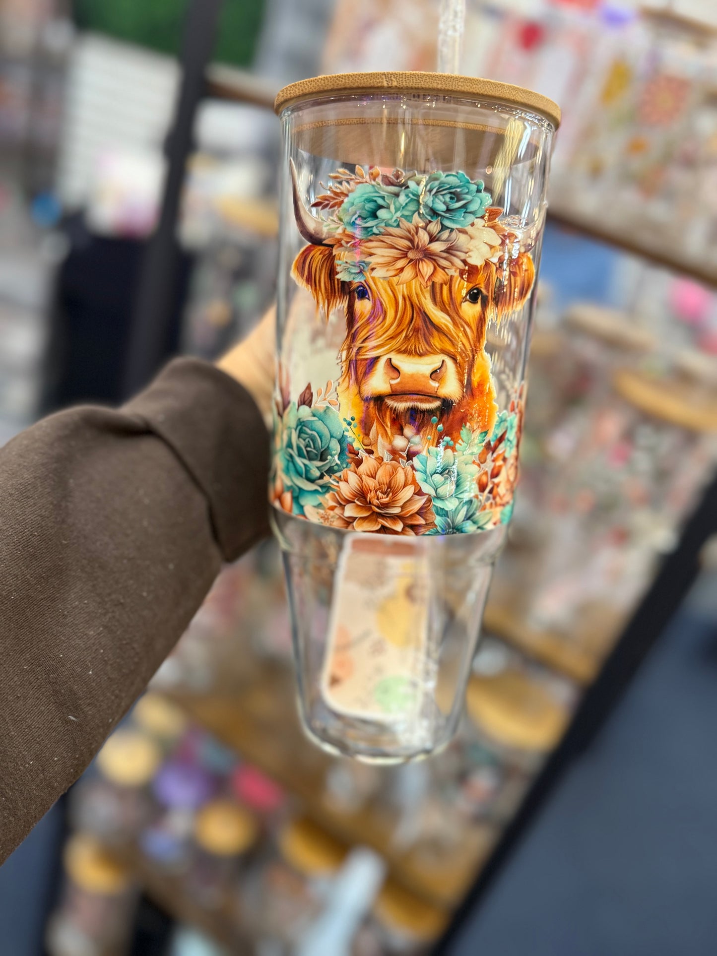 Highland Cow floral 40oz glass tumbler