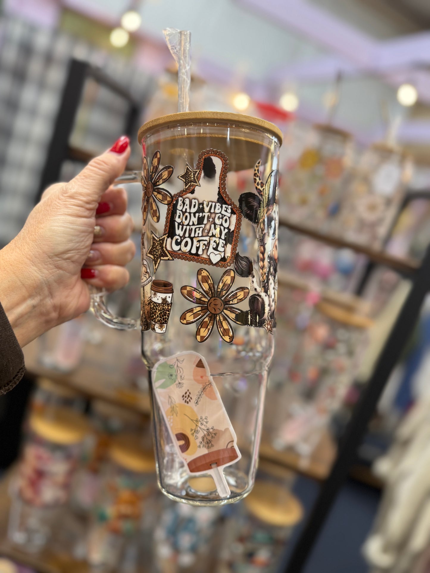 Bad Vibes Don't Go With My Coffee Highland Cow 40oz glass tumbler lid & straw