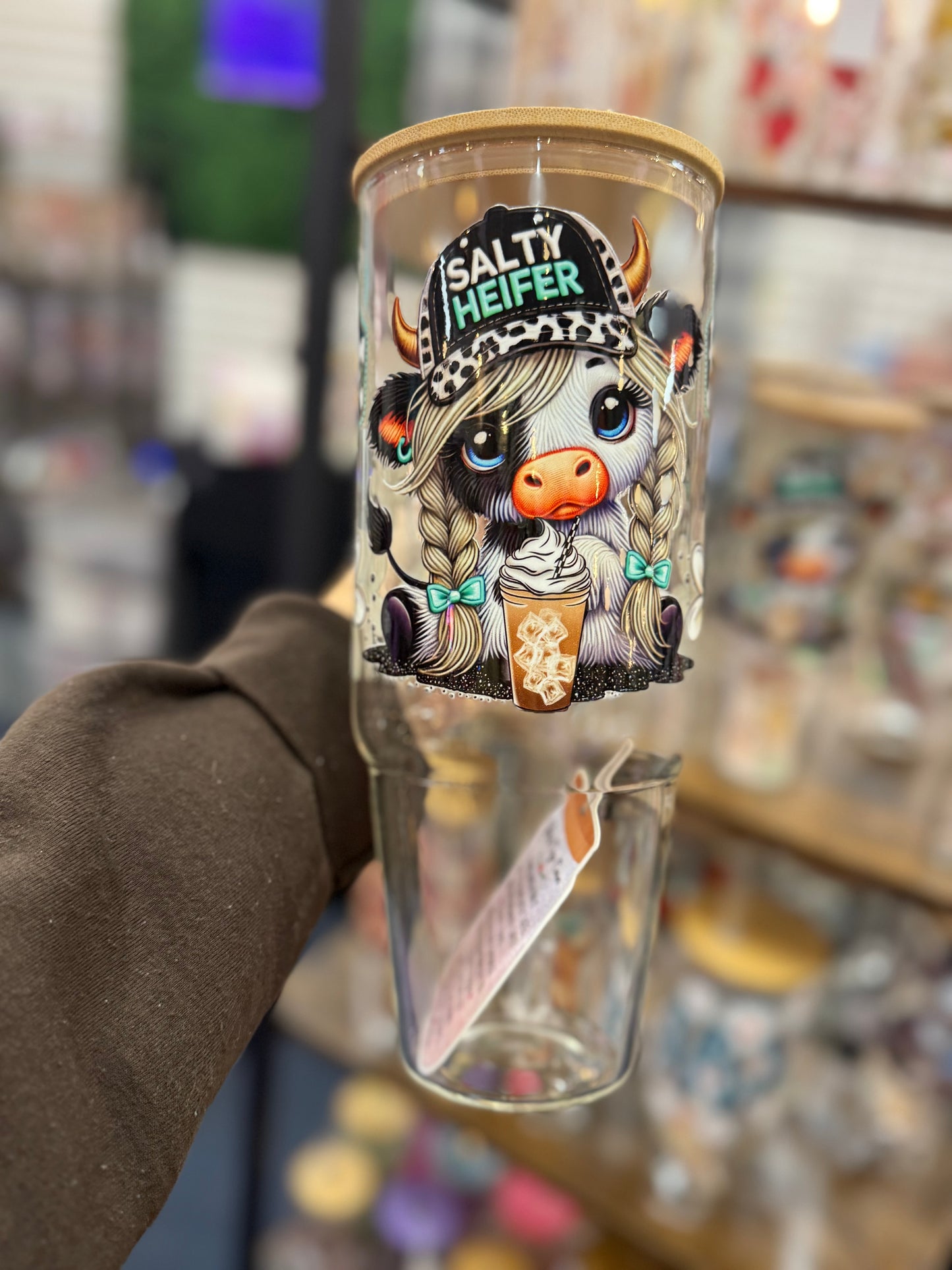 40oz glass Salty Heifer tumbler with handle. Comes with lid & straw