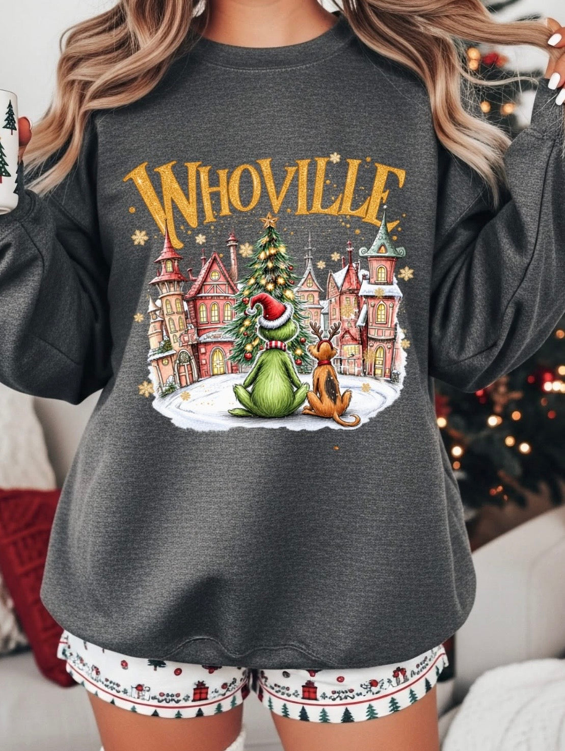 Whoville Christmas Graphic Sweatshirt | Gildan Heavy Blend Dark Heather Gray 🎄�