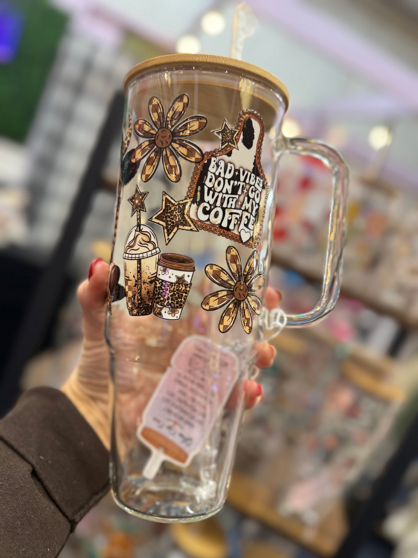 Bad Vibes Don't Go With My Coffee Highland Cow 40oz glass tumbler lid & straw