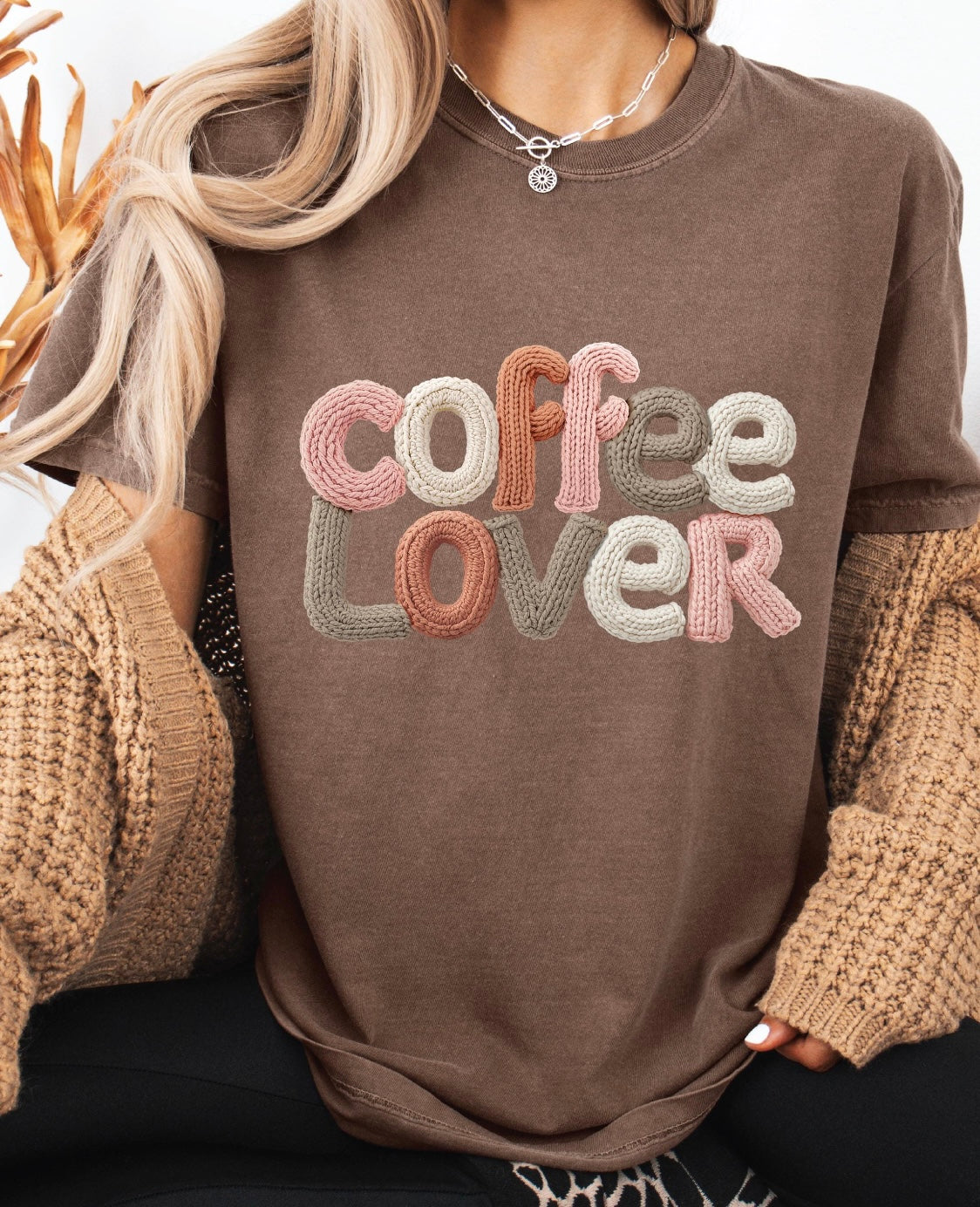 Coffee Lover Cozy Knit Faux Yarn look graphic Tee (pre-order) ships out next week.