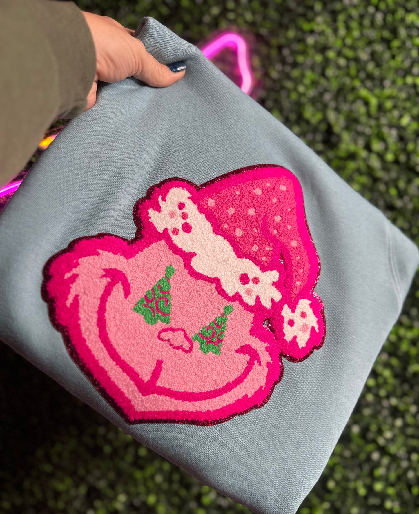 Chenille Patch Christmas Sweatshirt on a Bella + Canvas sweatshirt