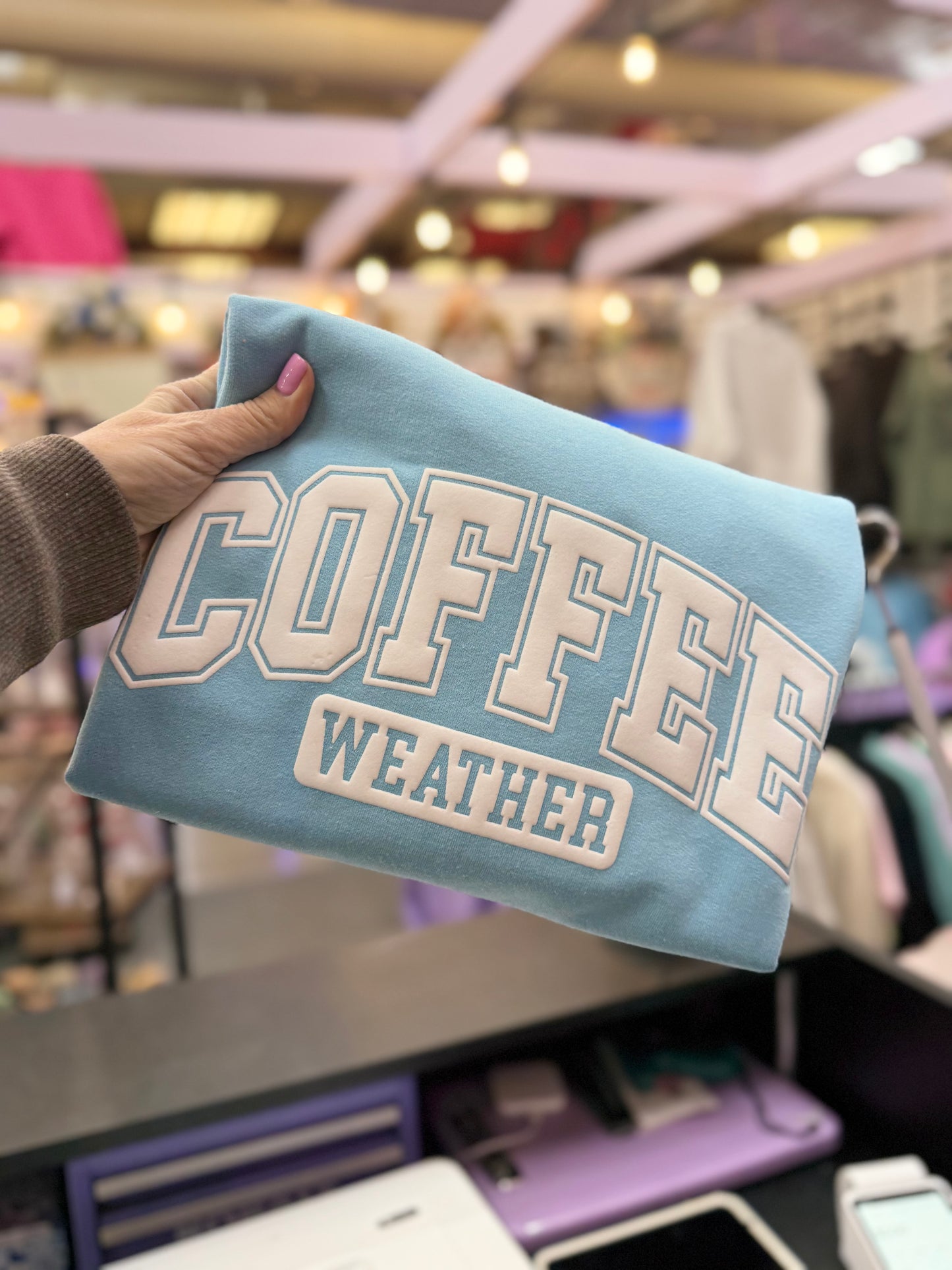 Coffee Weather White Puff Print Sweatshirt