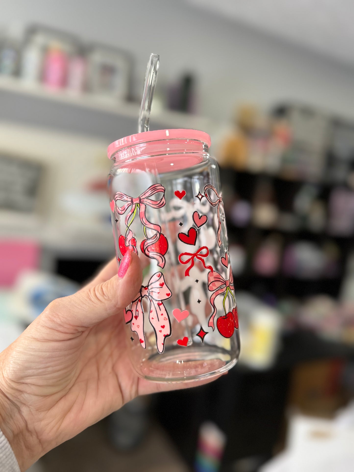 Cherry Hearts & Bows 16oz glass cup with lid & straw
