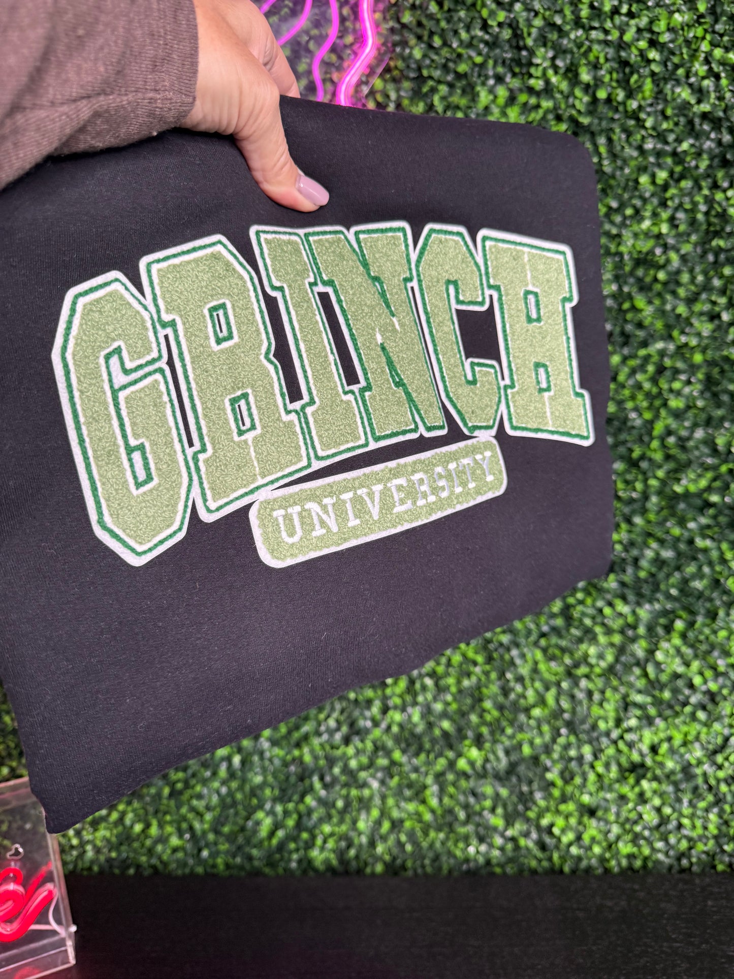 Grinch University Chenille Patch Sweatshirt (You pick color)