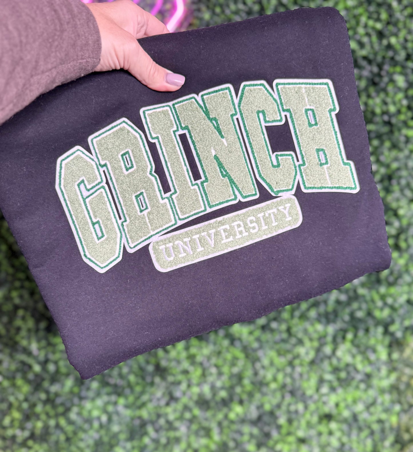 Grinch University Chenille Patch Sweatshirt (You pick color)