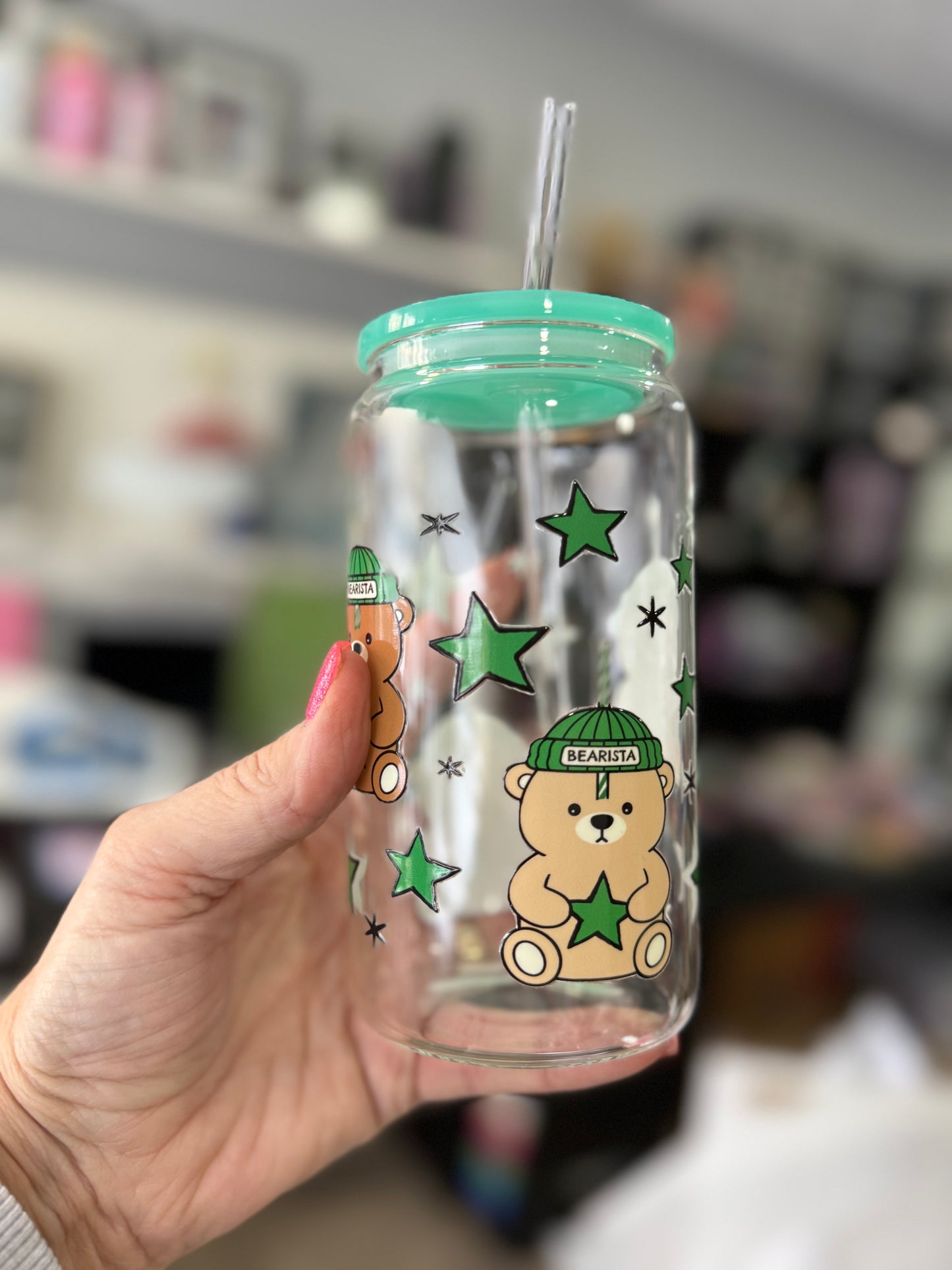 Bearista 16oz glass cup with lid & straw