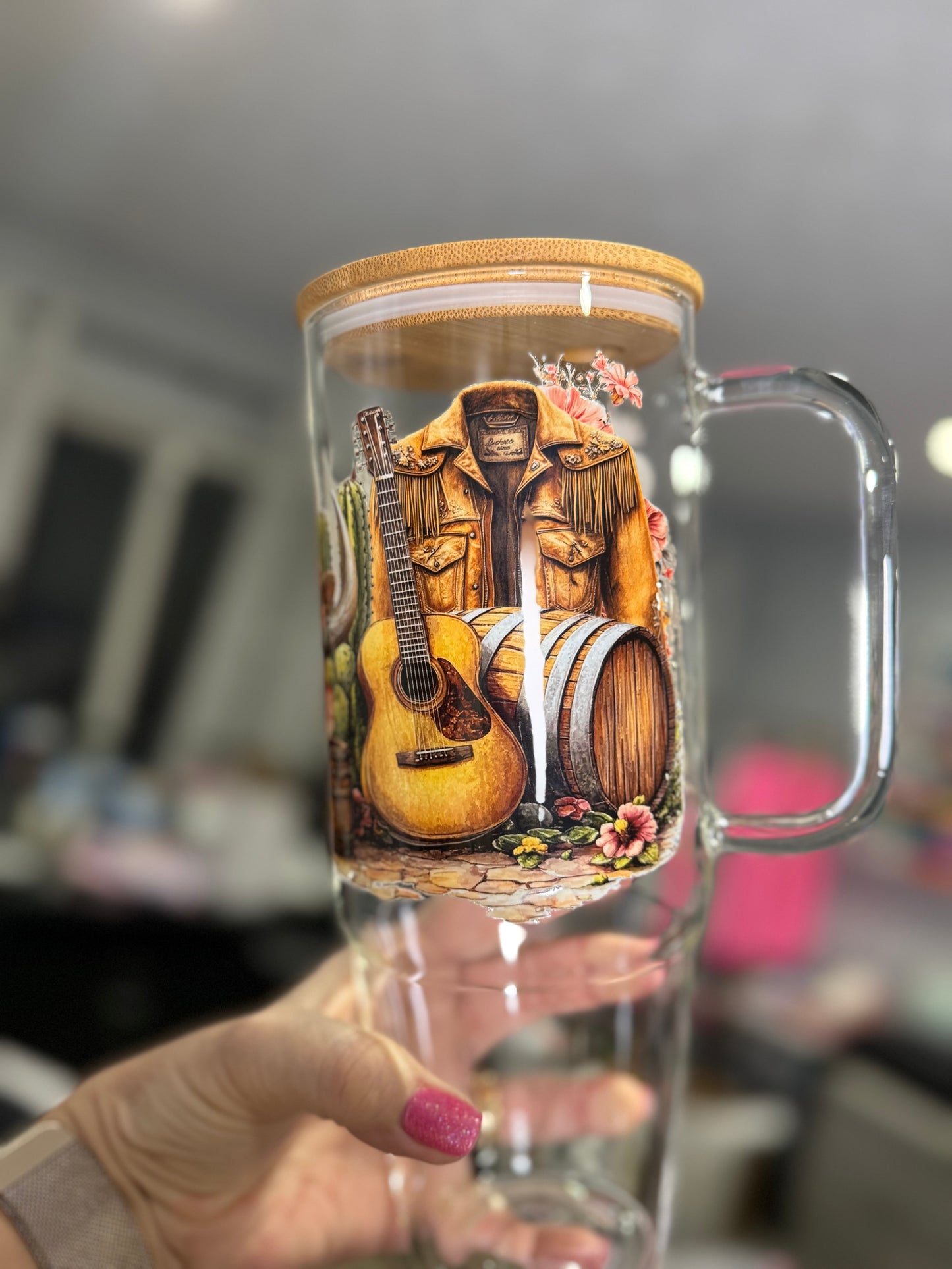 Western Boots Cow Skull 40oz Glass Tumbler with lid & Straw