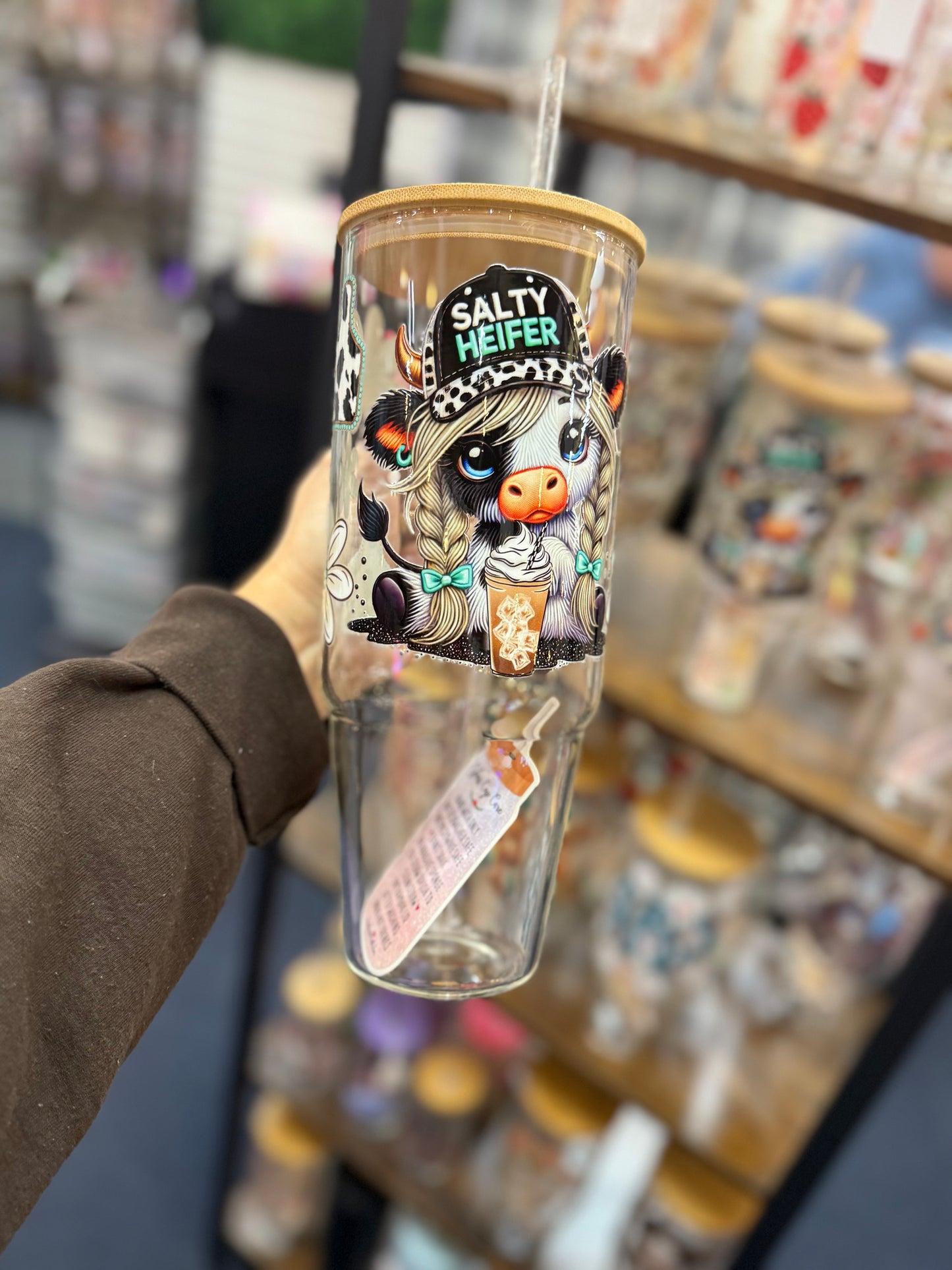 40oz glass Salty Heifer tumbler with handle. Comes with lid & straw