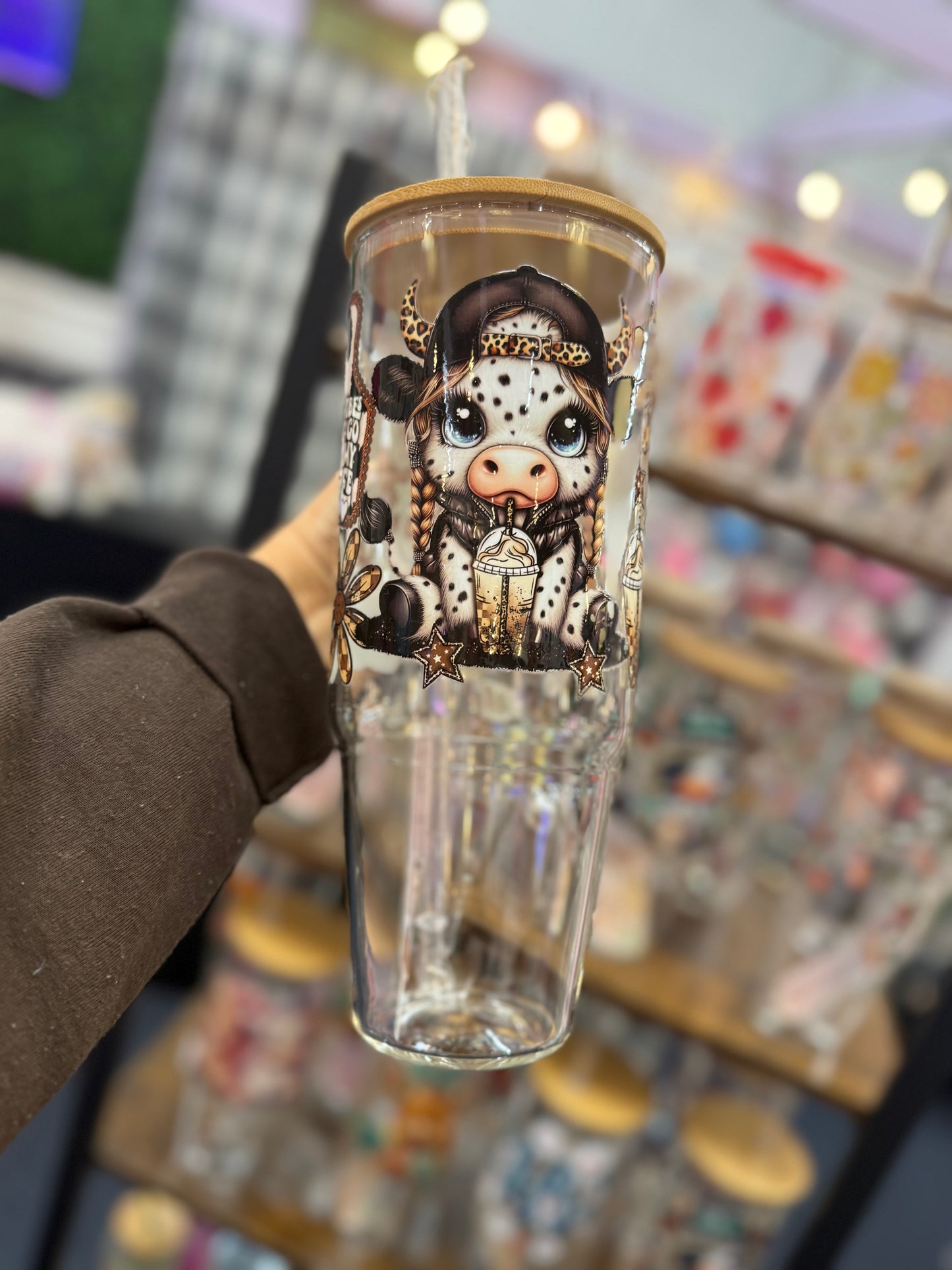 Bad Vibes Don't Go With My Coffee Highland Cow 40oz glass tumbler lid & straw