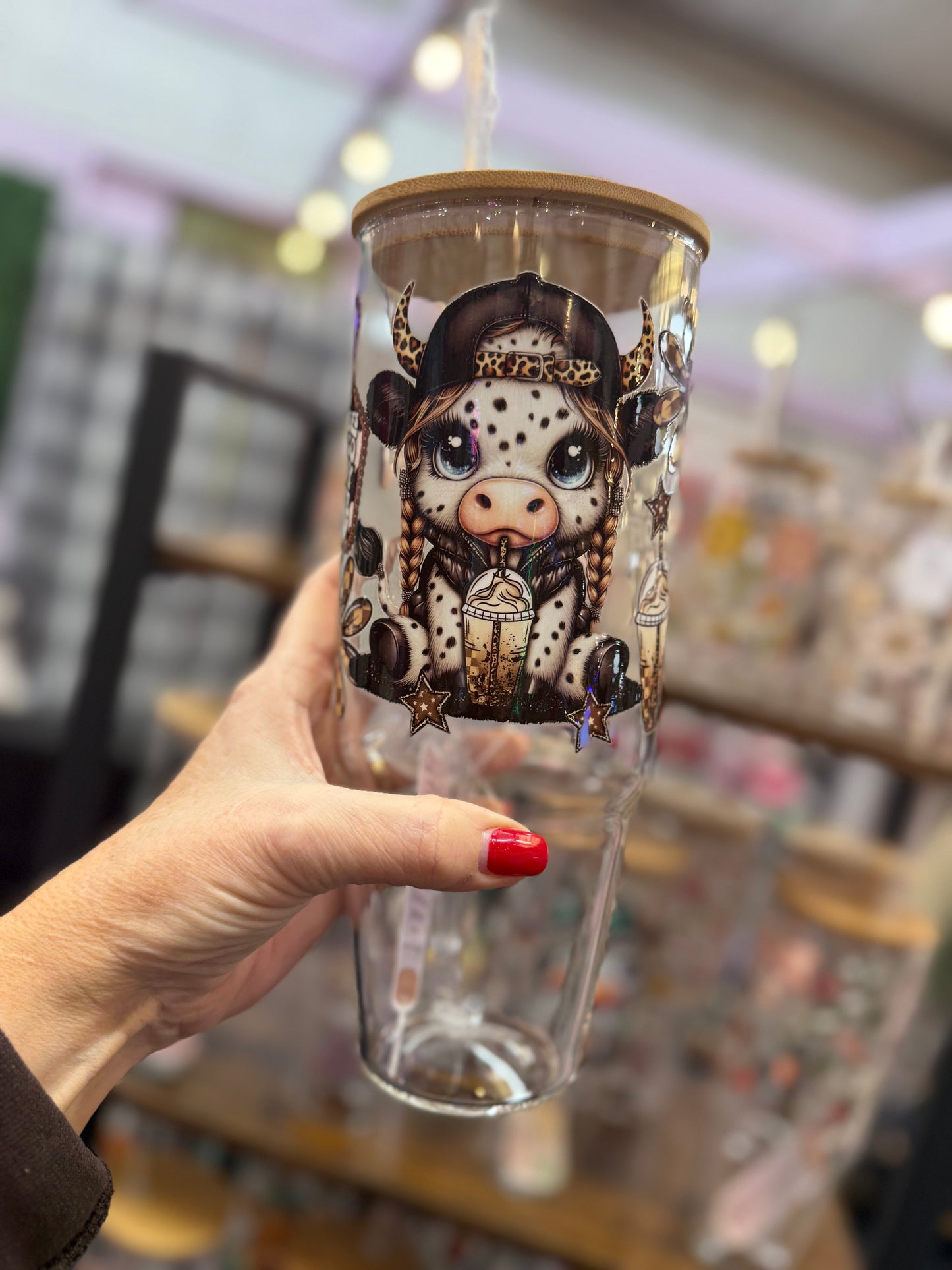 Bad Vibes Don't Go With My Coffee Highland Cow 40oz glass tumbler lid & straw