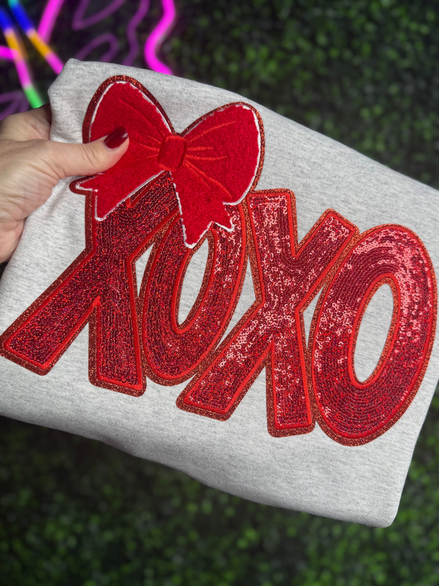 XOXO Bow Sequins patch valentines Day Crewneck Sweatshirt