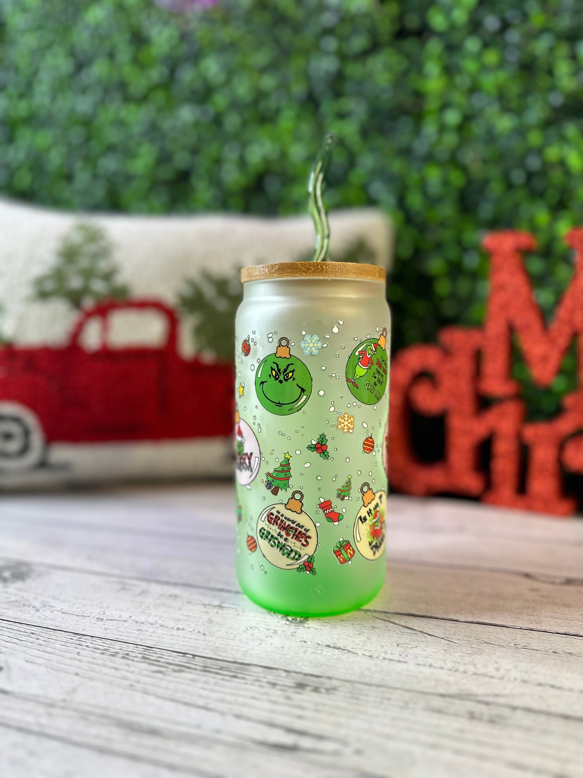 Ombré Green Get In Loser we’re saving Christmas glass cup - Willow Love Bug Designs 