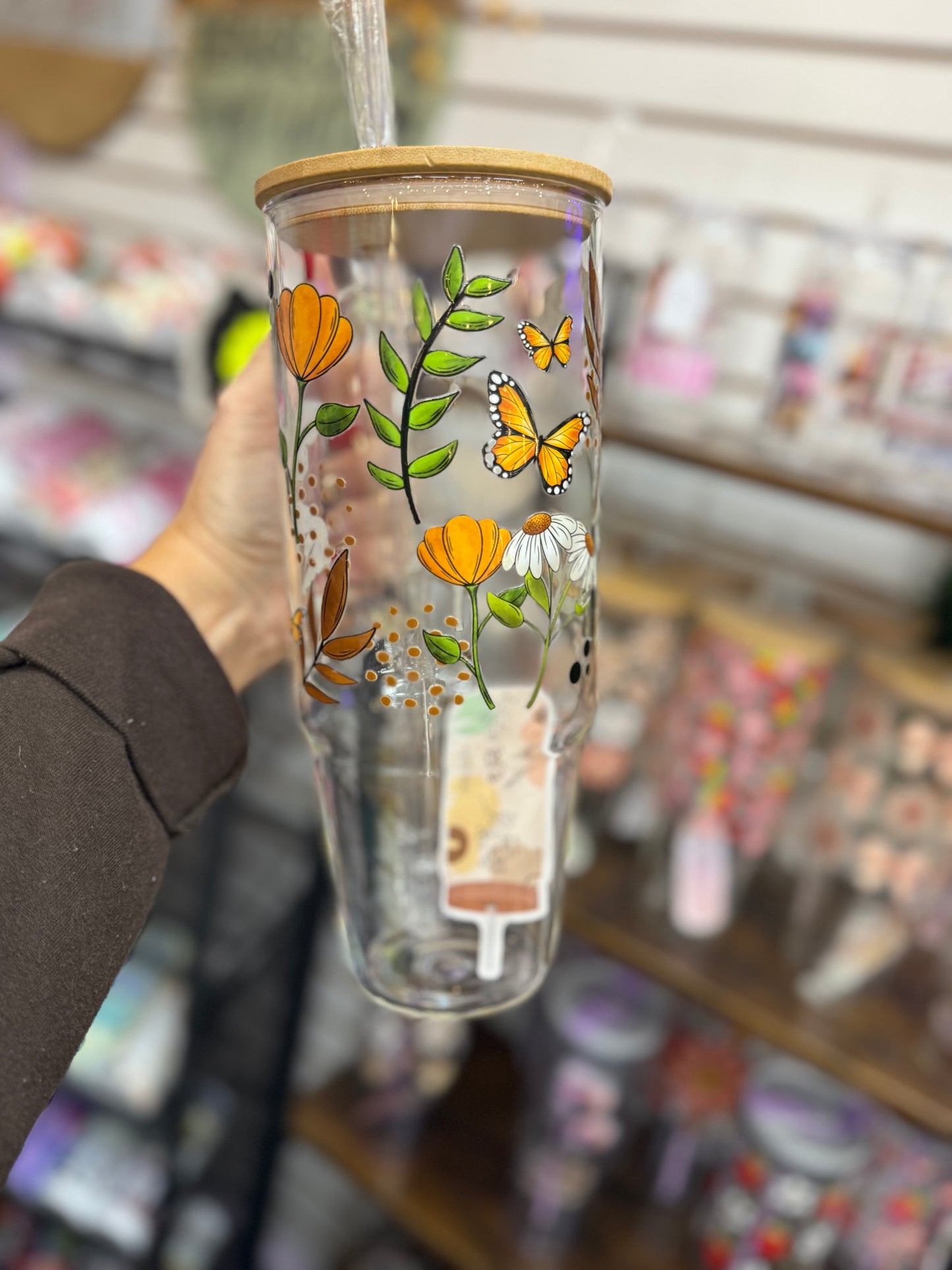 Butterflies & Florals 40oz glass tumbler with lid & staw