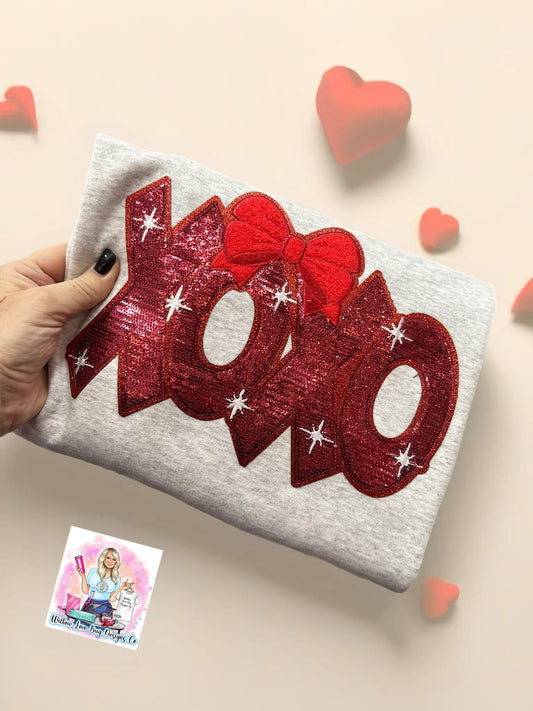 XOXO Bow Sequins patch valentines Day Crewneck Sweatshirt