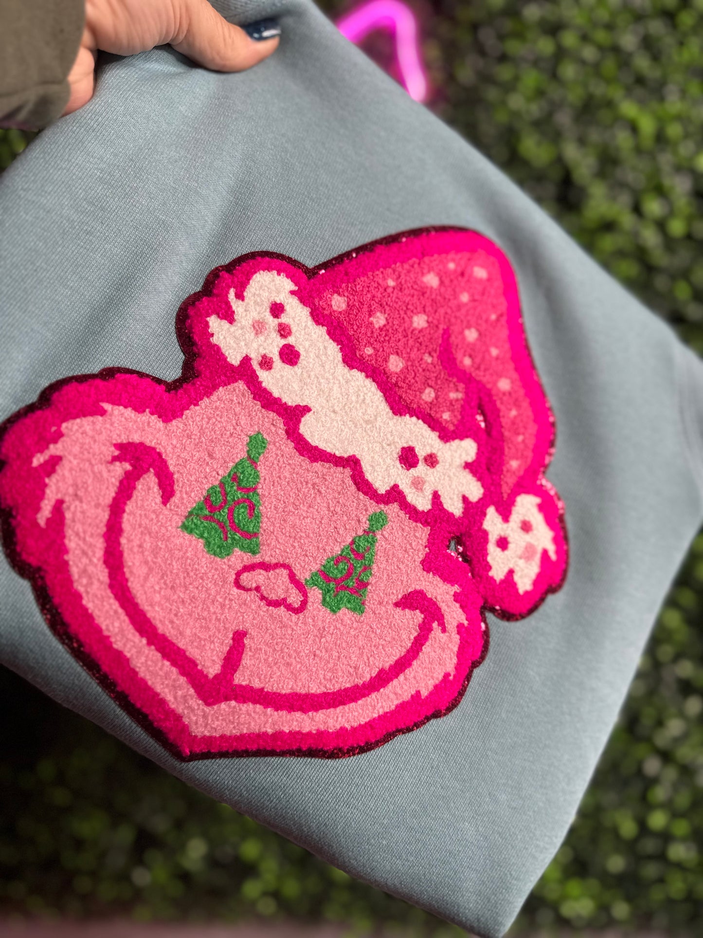 Chenille Patch Christmas Sweatshirt on a Bella + Canvas sweatshirt