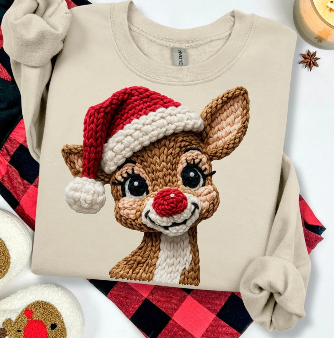 Faux Yarn Red Nose Reindeer Christmas Sweatshirt, Santa Hat