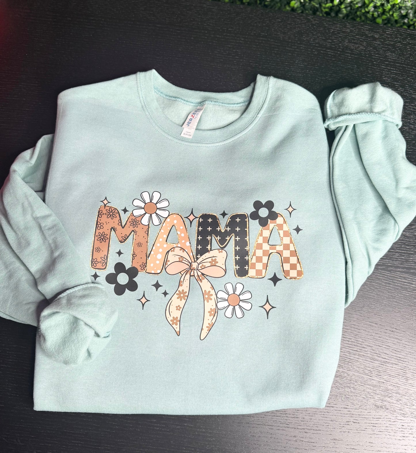 MAMA Floral Croquet Bow Crewneck Sweatshirt