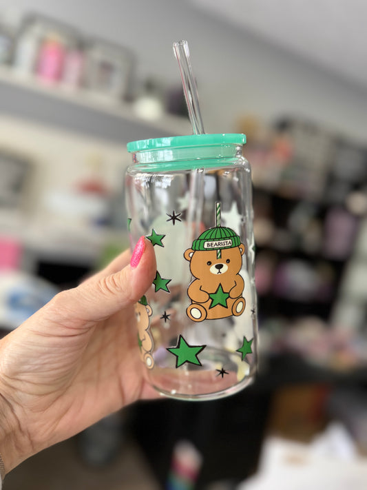 Bearista 16oz glass cup with lid & straw