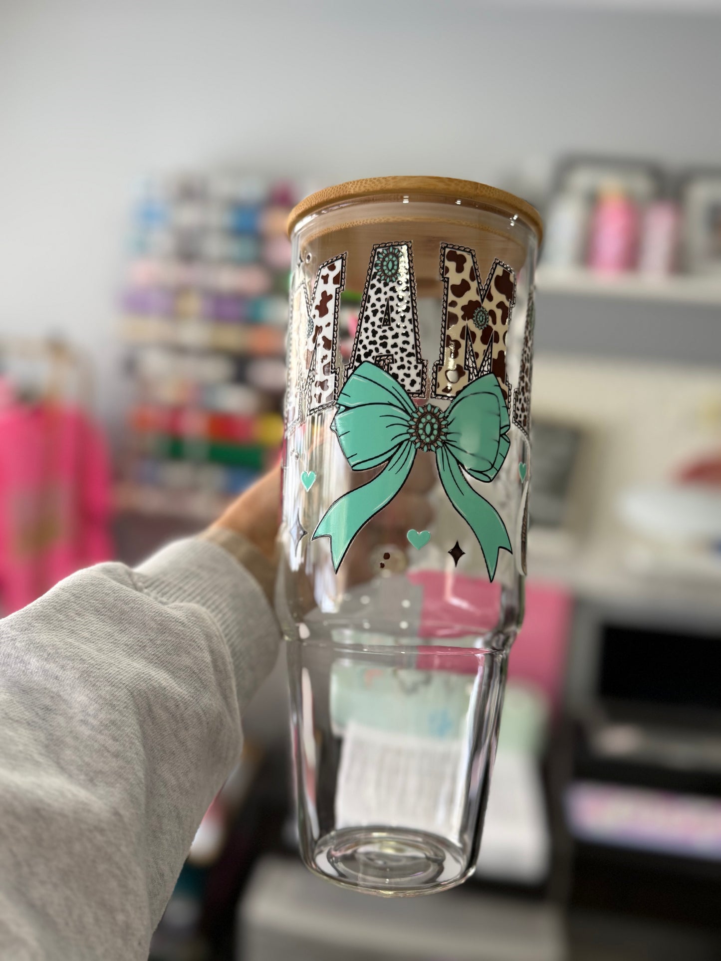 40oz glass tumbler with bamboo lid & straw western mama teal