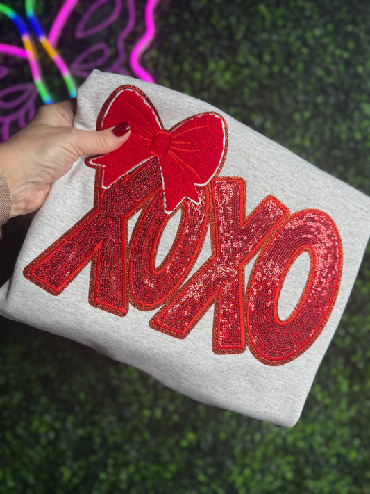XOXO Bow Sequins patch valentines Day Crewneck Sweatshirt