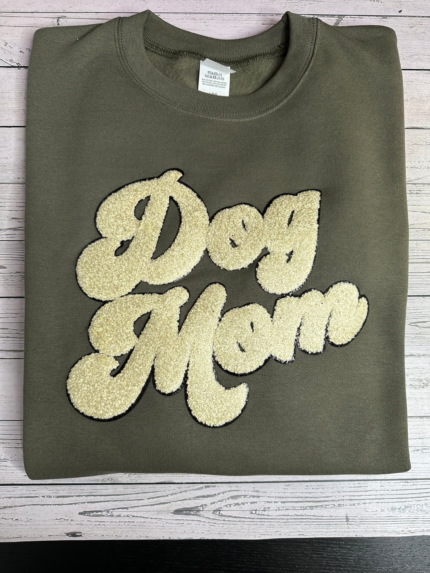 Chenille Patch Dog Mom Sweatshirt Army Green