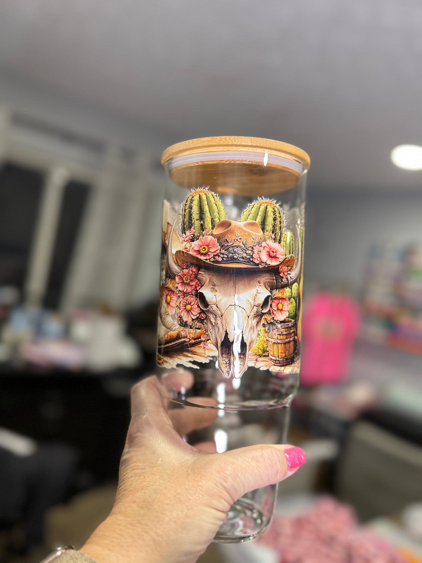 Western Boots Cow Skull 40oz Glass Tumbler with lid & Straw