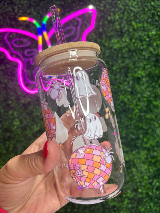 Disco Ghost 16oz glass Cup with lid & straw